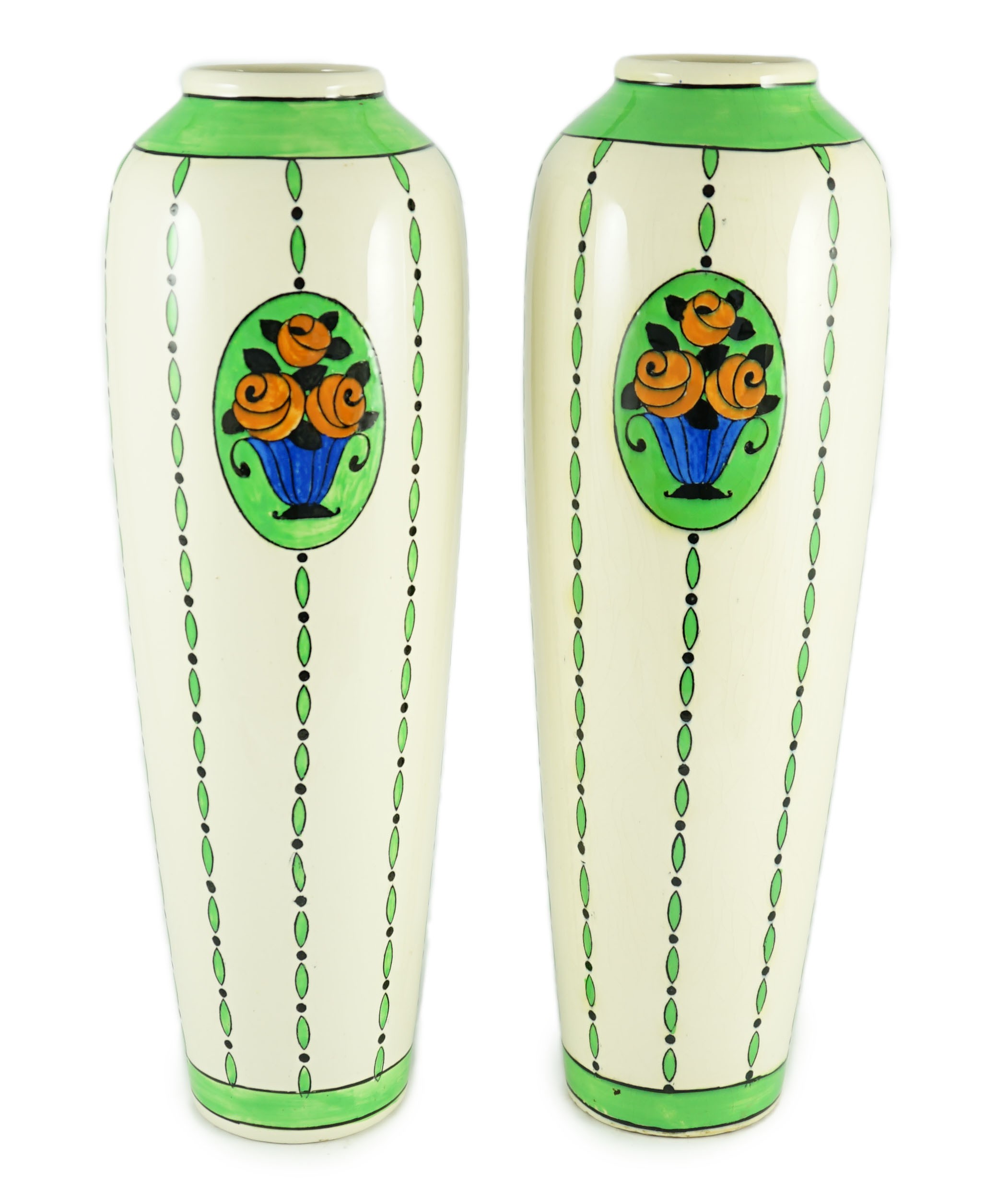 Charles Catteau for Boch Freres, a large pair of ‘Rosa’ tall vases, 45cm high